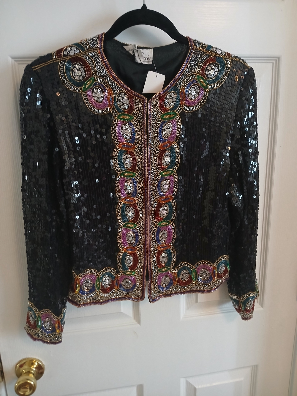 Black Sequined Embellished Open-Front Jacket with Multicolor Trim
